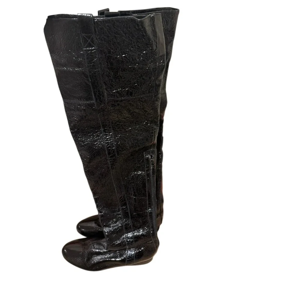 Goldenbleu Black Patent Leather Over The Knee Boots Crinkled Made in Italy 36.5